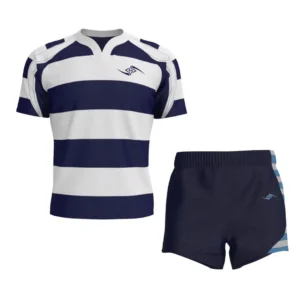 Classic Rugby Uniform – White & Blue Horizontal Stripe Kit