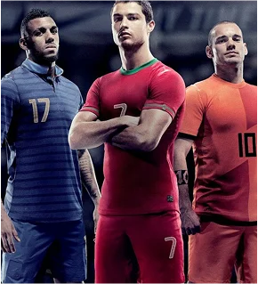 Athletes wearing premium team uniforms in red and blue colors